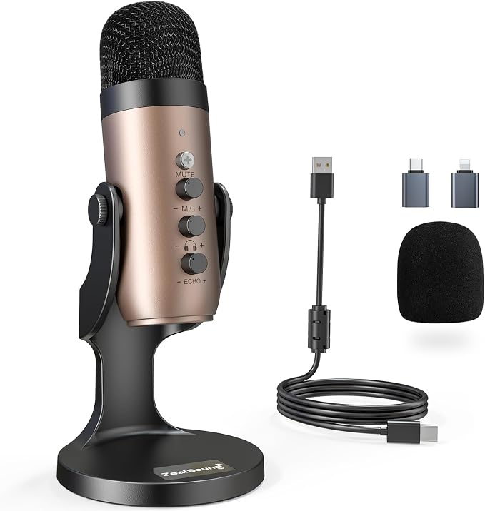 ZealSound Podcast Microphone for PC, Noise Cancellation USB Mic with Gain, Volume Adjustment & Mute Button, Monitoring & Echo, for YouTube, TikTok, Podcasting, Streaming, iPhone, iPad, Android, Mac by zealsound