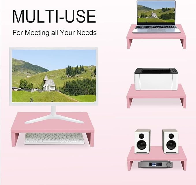 TEAMIX Pink Monitor Stand Riser for Desk, Small Computer/Laptop Stand Wood | 14.2"L x 9.5"W, Holds 80 lbs, Desktop Organizer Shelf, Ergonomic Morden Design, Easy Assembly, For Home Office, Gaming - Image 3