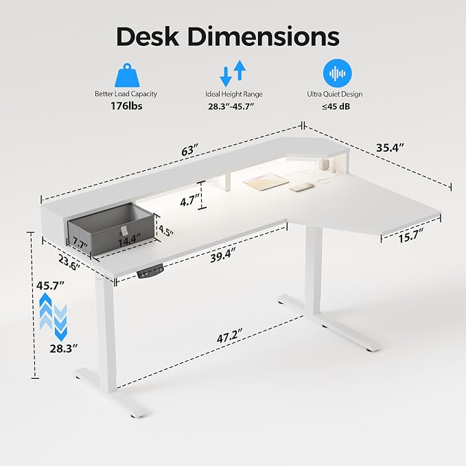 Agilestic 63*35 Inch L Shaped Standing Desk with Shelf & Led& Outlet, White | Outlets&Led, Monitor Shelf, L-shape Workspace, Sturdy Steel Frame, Memory Preset, Hooks, 154 lbs, Easy Assembly, Splice Board - Image 3