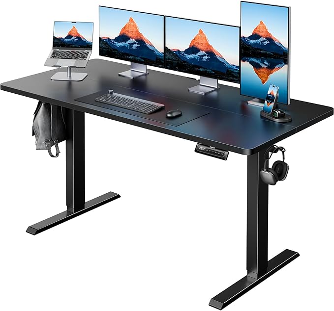 HUANUO 55x27 Inch Electric Standing Desk, Height Adjustable, Black | 176 Lbs Capacity, Smooth Home Office Desk, 4 Memory Presets & Headphone Hooks, 28.3–46.5 Inch Height Range, Easy to assemble by HUANUO