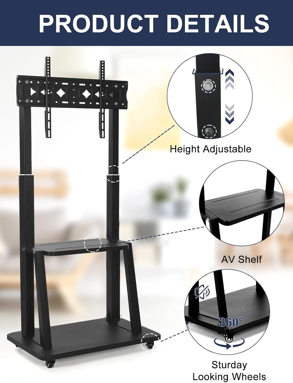Mobile TV Stand on Wheels for 42-86 Inch Flat/Curved LED/LCD/OLED Rolling TV Cart Height Adjustable Heavy Duty Floor Portable TV Stand with Wheels with Laptop DVD Shelf Holds up to 220lbs - Image 4