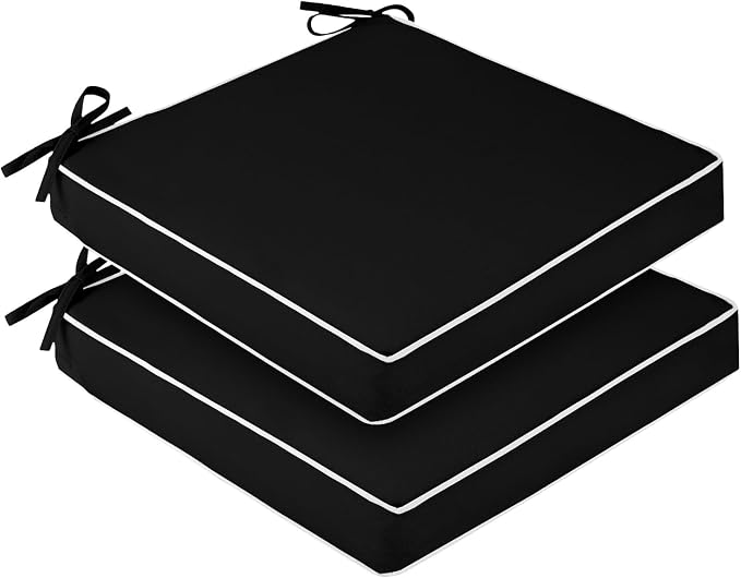 downluxe Waterproof Outdoor Chair Cushions Set of 2, 19" x 19" x 3" Patio Chair Cushion with Non-Slip Ties & Handle, Square Outdoor Cushion for Patio Furniture with Removable Cover, Black/White by Downluxe