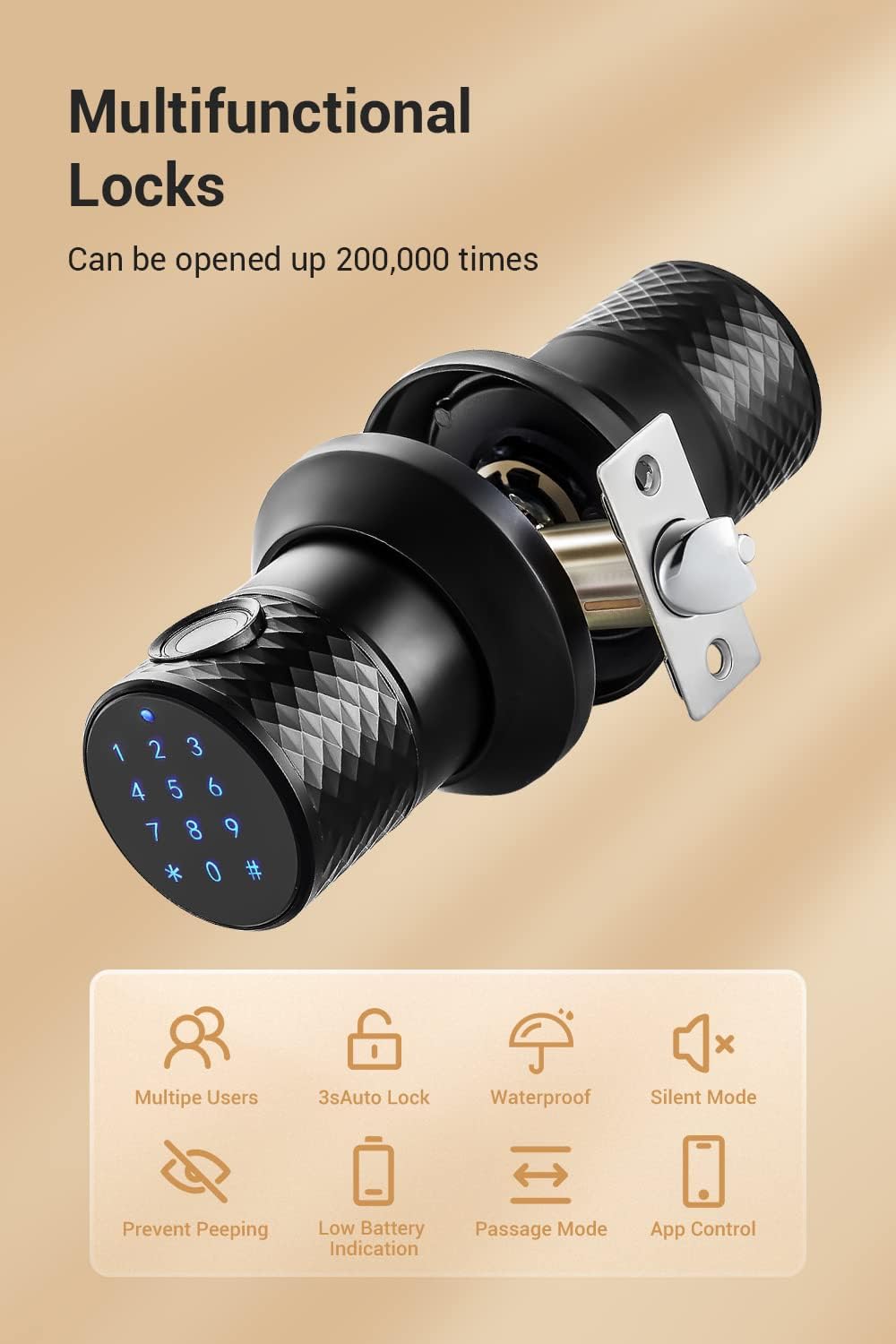 Buoan 4-in-1 Smart Fingerprint Door Knob with Keypad, Black - Image 2
