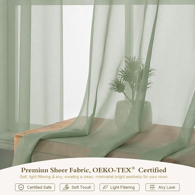 Sage Green Short Sheer Cafe Kitchen Curtains 36 Inch 2 Panels Set | Half Curtains for Living Room Bedroom Basement Bathroom Small window, Sheer curtain over sink, Rod Pocket, Each 42"W x 36"L - Image 3