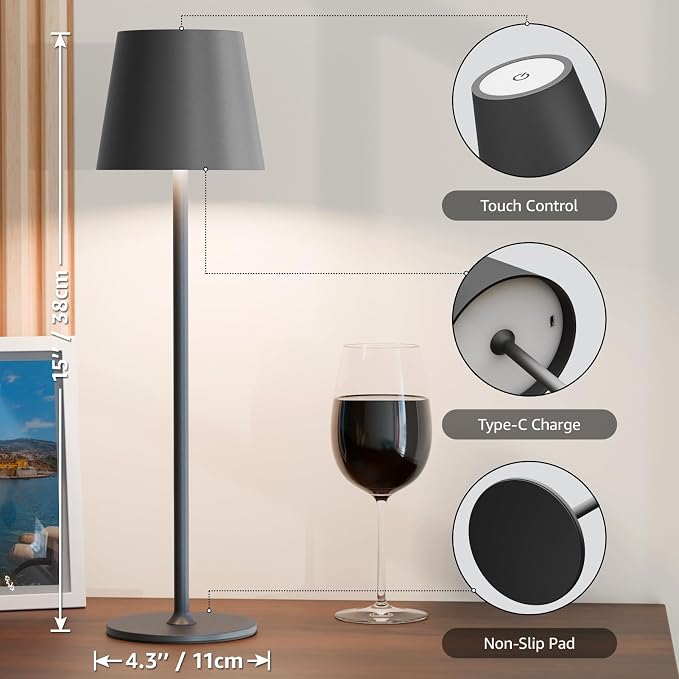 uuffoo 3 Pack Cordless Table Lamp Rechargeable 5000mAH Battery Operated Lights Touch Control LED Portable Desk Lamps 3 Color Dimming for Outdoor Coffee Bedroom Kitchen (Black) - Image 2