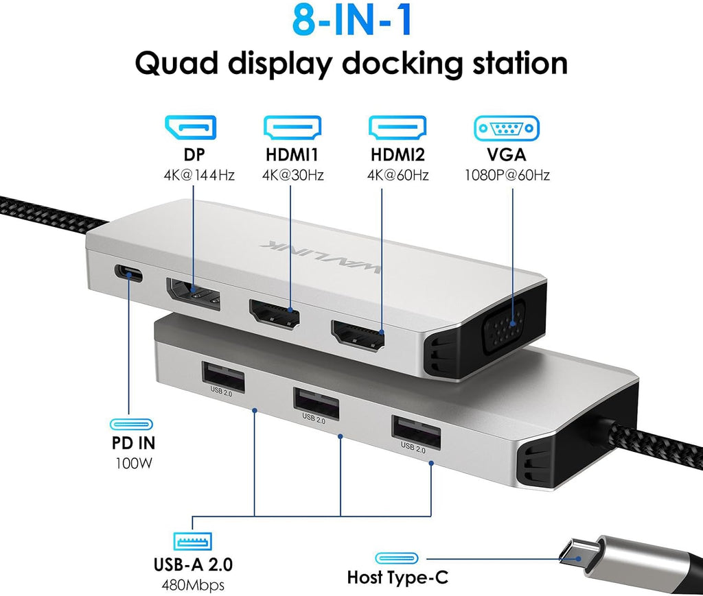 WAVLINK Laptop Docking Station, Quad Monitors, Dual HDMI, DisplayPort, VGA - Image 2