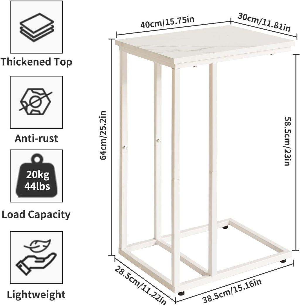 Aibiju C Shaped End Table, Small Side Table for Sofa and Bed, White Bedside Table, Laptop Desk for Couch 16x12x25 inch Faux Marble+White YD-TM051W - Image 3