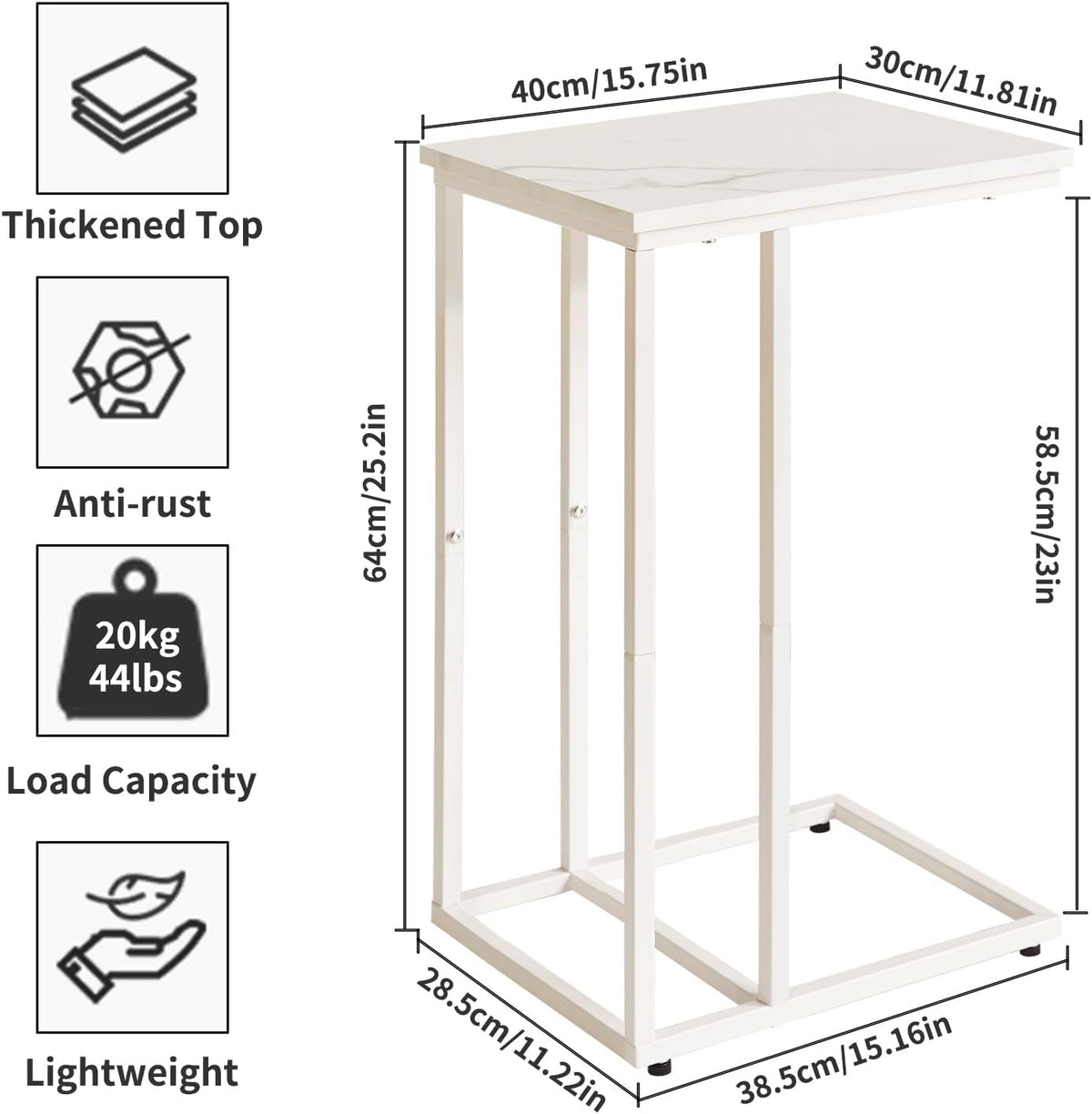 Aibiju C Shaped End Table, Small Side Table for Sofa and Bed, White Bedside Table, Laptop Desk for Couch 16x12x25 inch Faux Marble+White YD-TM051W - Image 3