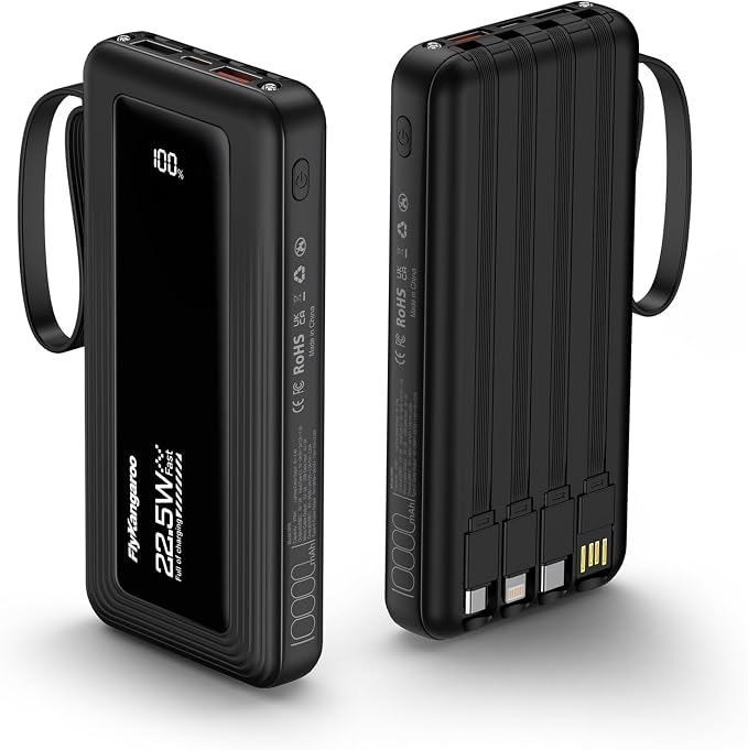 Portable Charger with Built in Cables, Power Bank 10000mAh | Built in 4 Cables, Slim, 22.5W Fast Charging, USB C LED Display, 6 Outputs & 2 Inputs, Flashlight by FlyKangaroo