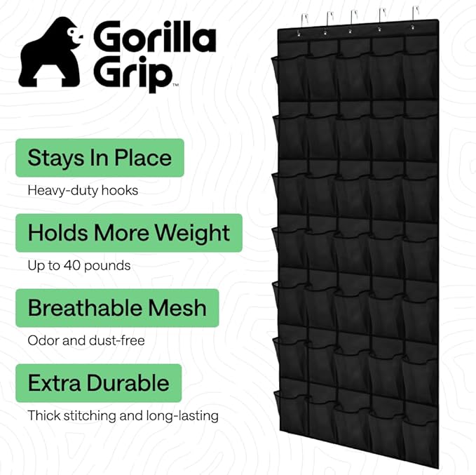 GORILLA GRIP Over the Door Shoe Organizer, 35 Large Pockets, Black | Breathable Mesh Pocket, Space Saving Hanging Storage Holder, Closet Rack Hanger for Shoes, Pantry and Bathroom Accessories - Image 2