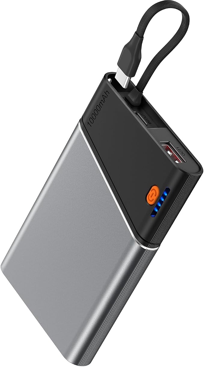 Aaoyun 10000mAh Portable Power Bank, 22.5W PD Fast Charging Battery Pack with Built-in USB-C Cable, Ultra-Slim External Phone Charger for iPhone 17/16/15, Samsung Galaxy S24, Android (Grey) by Aaoyun