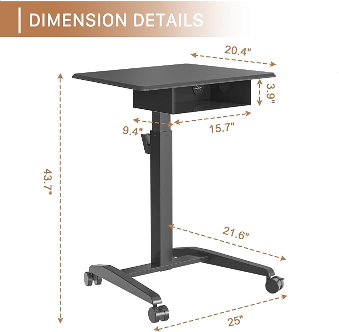 JOY worker Rolling Laptop Desk with Drawer, 28" Black Mobile Standing Desk | Pneumatic Height Adjustable, Open Storage Shelf, 4 Rolling Wheels, Portable Sit Stand Desk, Home Office School, Holds 22lbs - Image 8