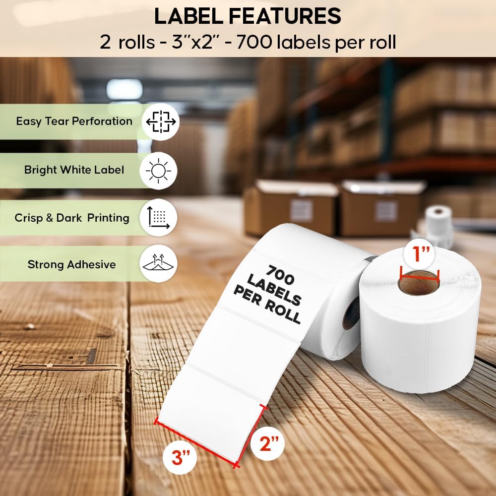 3x2 Thermal Labels - 2 Rolls, 700 Labels per Roll (1,400 Labels) - Direct Thermal Barcode Labels for Zebra, Rollo & Arkscan Printers - Image 2