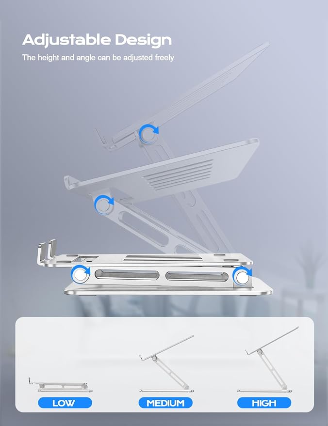 LOXP Aluminum Laptop Stand, Adjustable Laptop Stand for Desk Foldable | Portable Laptop Riser, Ergonomic Computer Notebook Holder for Desk, Office Desk Accessories (10-15.6'') - Silver - Image 3