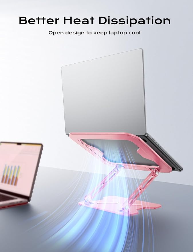 JCZT Adjustable Laptop Stand for Desk, Metal Foldable Laptop Riser, Pink | Ergonomic Portable Laptop Stand, Ventilated Cooling Computer Notebook Holder for MacBook Air Pro, All 10-16'' Laptops - Image 6
