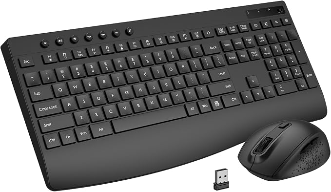 Full-Size Silent Wireless Keyboard and Mouse Combo with Palm Rest | 30dB quiet keys, silent clicks, 12-month battery, 1.4-in rear lift, 12 hotkeys, auto sleep, 2.4G receiver, Win/macOS/ChromeOS by EDJO