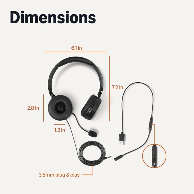 Amazon Basics On Ear Wired Computer Headset with Adjustable Microphone, 3.5mm Port or in-Line Control with USB-A Port, Foldable, Clear Sound, Small/Medium Size, Black - Image 6
