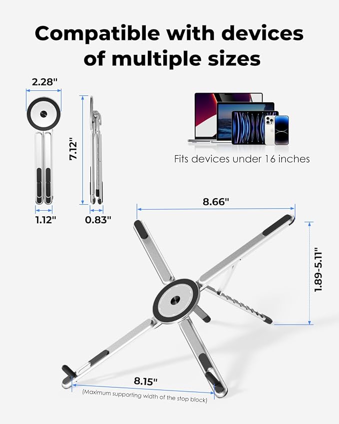 Viozon Portable Laptop Stand for Desk, Foldable Adjustable Computer Riser with Magnetic Phone Holder, Aluminum Laptop Stand for 10–16” Laptops & 4–13” Phones/Tablets (Silver) - Image 3