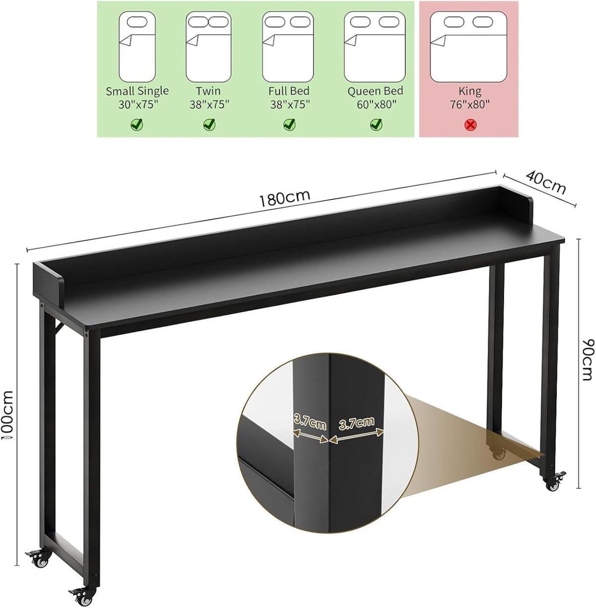 Clevich Overbed Table with Wheels, 16" D x 71" W x 41" H Mobile Bed Desk - Image 2