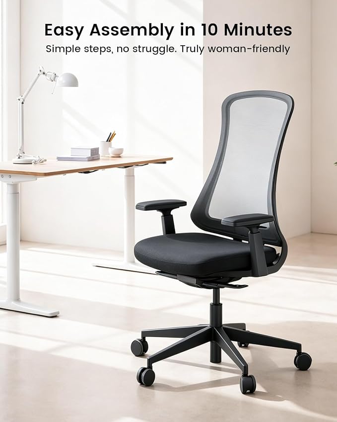 ProtoArc Flexer Ergonomic Office Chair for Women, Black | Foam Sliding Seat, Airflow Mesh Back, Hair-proof Casters, Easy Assembly, Fits 5'1"-6'0", Sleek Minimalist, for Small Spaces - Image 7