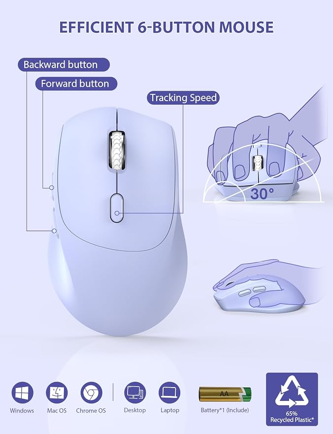 Wireless Keyboard and Mouse Combo, Full Size, Ergonomic Wrist Rest | 2.4G Lag-Free, 3-Level DPI, Phone Holder, Silent Typing, KM23D Batteries Powered Set for PC, Laptop, Windows, macOS (Purple) - Image 5