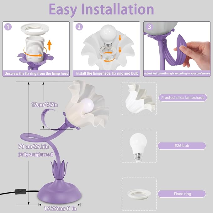 Women Bedside Table Lamps for Bedroom, Cute Flower Desk Lamp with Adjustable Flexible Gooseneck, 3 Color Temperatures Nightstand Lamp with E26 LED Bulbs, Floral Lamp for Living Room, Office,Reading - Image 6