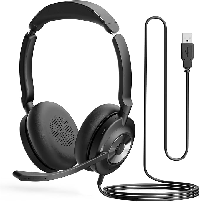 USB Headset with Microphone for PC, Active Noise Cancelling Headphones with ENC Noise Cancelling Mic, Wired Office Computer Headset with Mute for Call Center, Teams, Zoom by Beebang