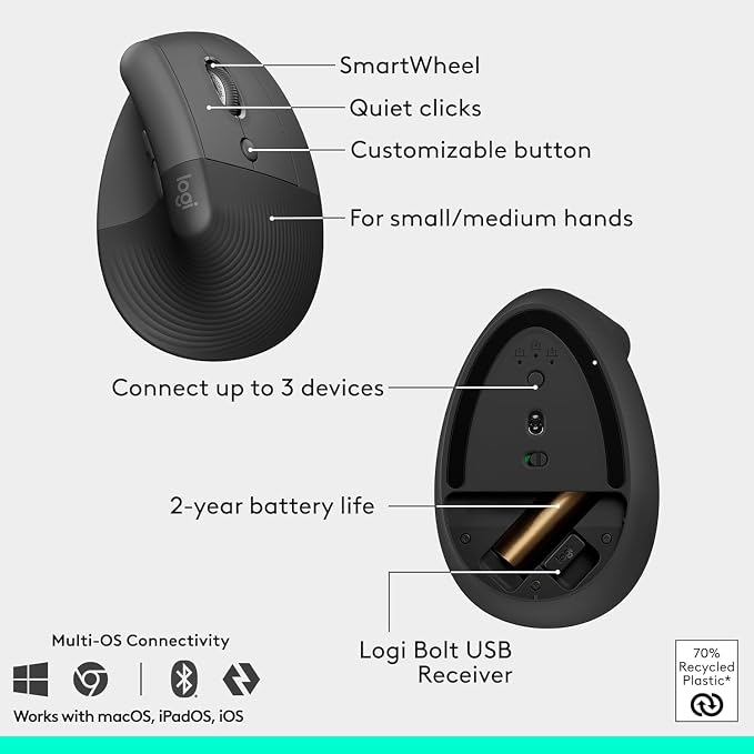 Logitech Wave Keys & Lift Vertical Mouse - Ergonomic Wireless Keyboard and Mouse Combo - with Cushioned Palm Rest, Easy-Switch, Bluetooth, for Multi-OS, Windows/Mac - Graphite (RENEWED) - Image 7
