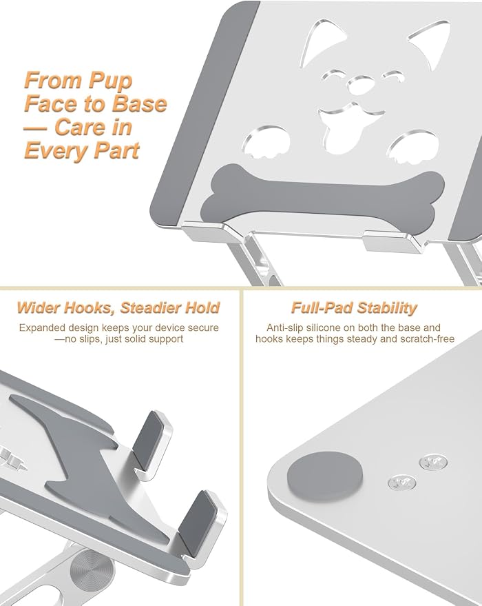 Aoviho Aluminum Laptop Stand for Desk Fit for All 10"-17.3" Laptops, Silver | Height-adjustable Notebook Holder, Ergonomic Computer Riser with Unique Puppy Cooling Vent, for Mac, Dell, Lenovo, HP - Image 6