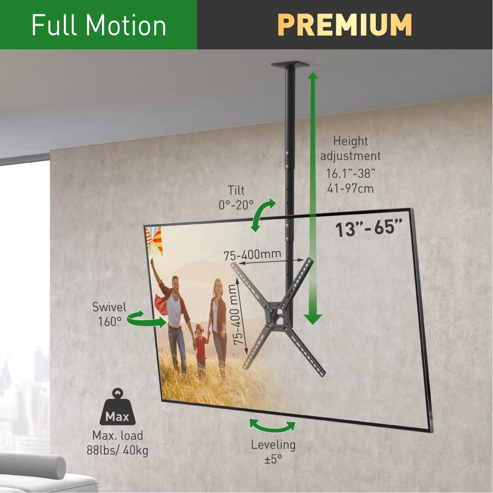 Barkan 38'' Long TV Ceiling Mount, 13-65 inch Full Motion - 3 Movement Flat/Curved Screen Bracket, Holds up to 88lbs, Telescopic Height Adjustment, Fits LED OLED LCD - Image 2