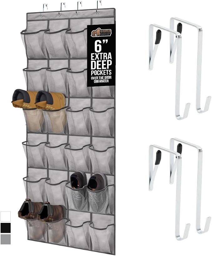 GORILLA GRIP Over the Door Shoe Organizer, 24 Extra Large Pockets, Gray | Breathable Mesh Pocket, Space Saving Hanging Storage Holder, Closet Rack Hanger for Shoes, Pantry and Bathroom Accessories by Unknown
