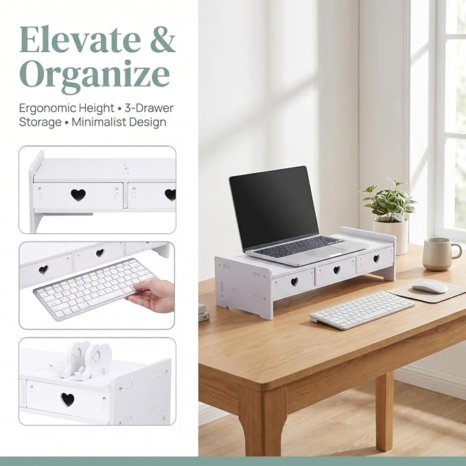 Tofficu Computer Monitor Riser with Drawer White Desk Shelf for Monitor and Keyboard Storage Rack Office Desk Organizer for Laptop Stand Riser for Home Office - Image 6