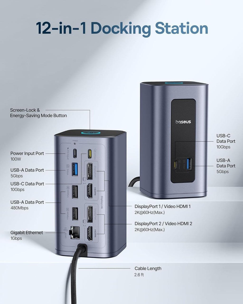 Baseus Nomos Air 12-in-1 DisplayLink Docking Station, 2 Monitors for macOS - Image 4