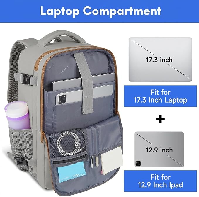 Taygeer Carry On Backpack for Men Women, Laptop Bag 17.3" Flight Approved | Travel Backpack with Water Bottle Pocket & Shoe Pouch, College Teacher Tote Bag for Business Travel, Dark Brown Khaki - Image 5