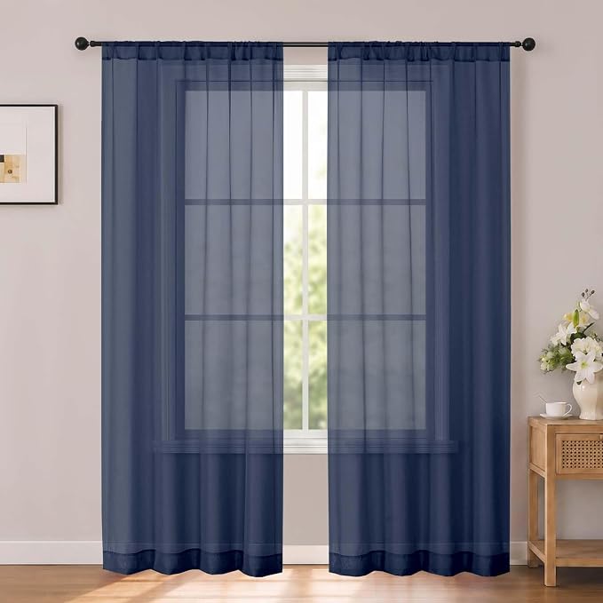 Navy Blue Sheer Curtains 84 inches Long for Living Room 2 Panels Set | Sheer White Curtains for Bedroom, Rod Pocket Airy Light Filtering Window Treatments, 2pcs, Each Panel 42" Width x 84" Long by OWENIE