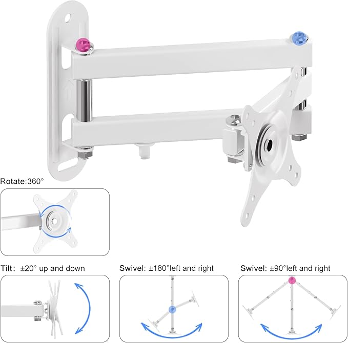 Suptek TV Wall Mount Swivel Tilt Rotation Full Motion Adjustable Articulating for Most 15-32 inch LED, LCD Monitor Wall Mount VESA 75,100, White (MA2720W) - Image 6