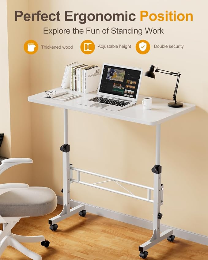 Amztabler Small Standing Desk Adjustable Height, Mobile Stand Up Desk with Wheels, 32 Inch Portable Rolling Desks Conference Room Tables for Walking Pad Treadmill White - Image 2