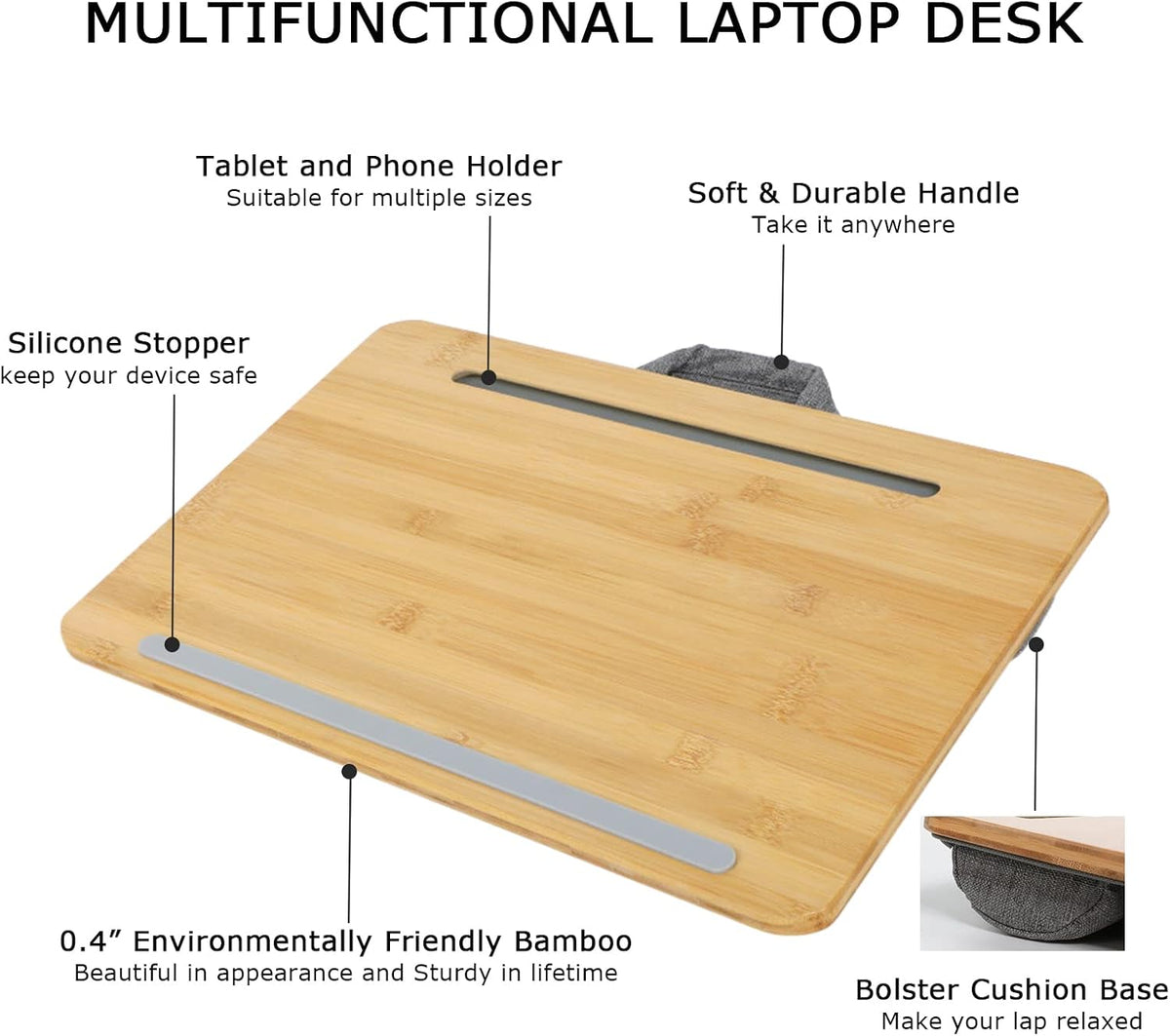SUMISKY Portable Laptop Desk with Cushion and Phone Holder Bamboo Laptop Stand for Sofa Fits Up to 14 Inches - Image 4