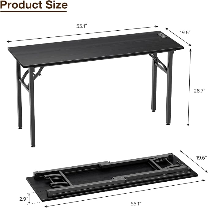 TEMI Long Computer Desk Folding Table - No Assembly, Compact 55.1" Foldable Desk with Power Outlets & USB Charging Port, Portable Lagre Office Desk, Study Table for Narrow Spaces, Dark Oak - Image 3