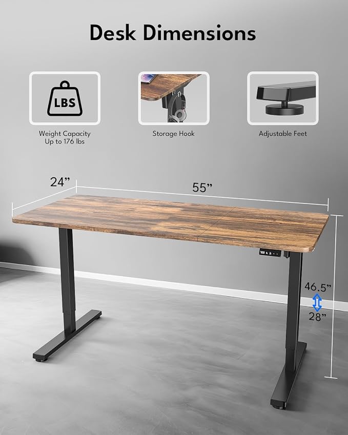 Large Electric Standing Desk, Gaming Desk, 55x24 Inch, Rustic Brown | Height Adjustable Computer Desk with Smart Controller, Sit and Stand Up Table for Home, Office, Work, Study, Writing - Image 2