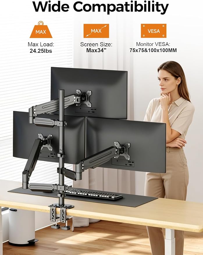 Triple Monitor Mount for Max 34" Screens, up to 24.25lbs Each, Full Adjustable 3 Monitor Desk Stand, Three Gas Spring Arm with Tilt Swivel Rotation, VESA 75x75/100x100mm, Black, MDX883B - Image 2