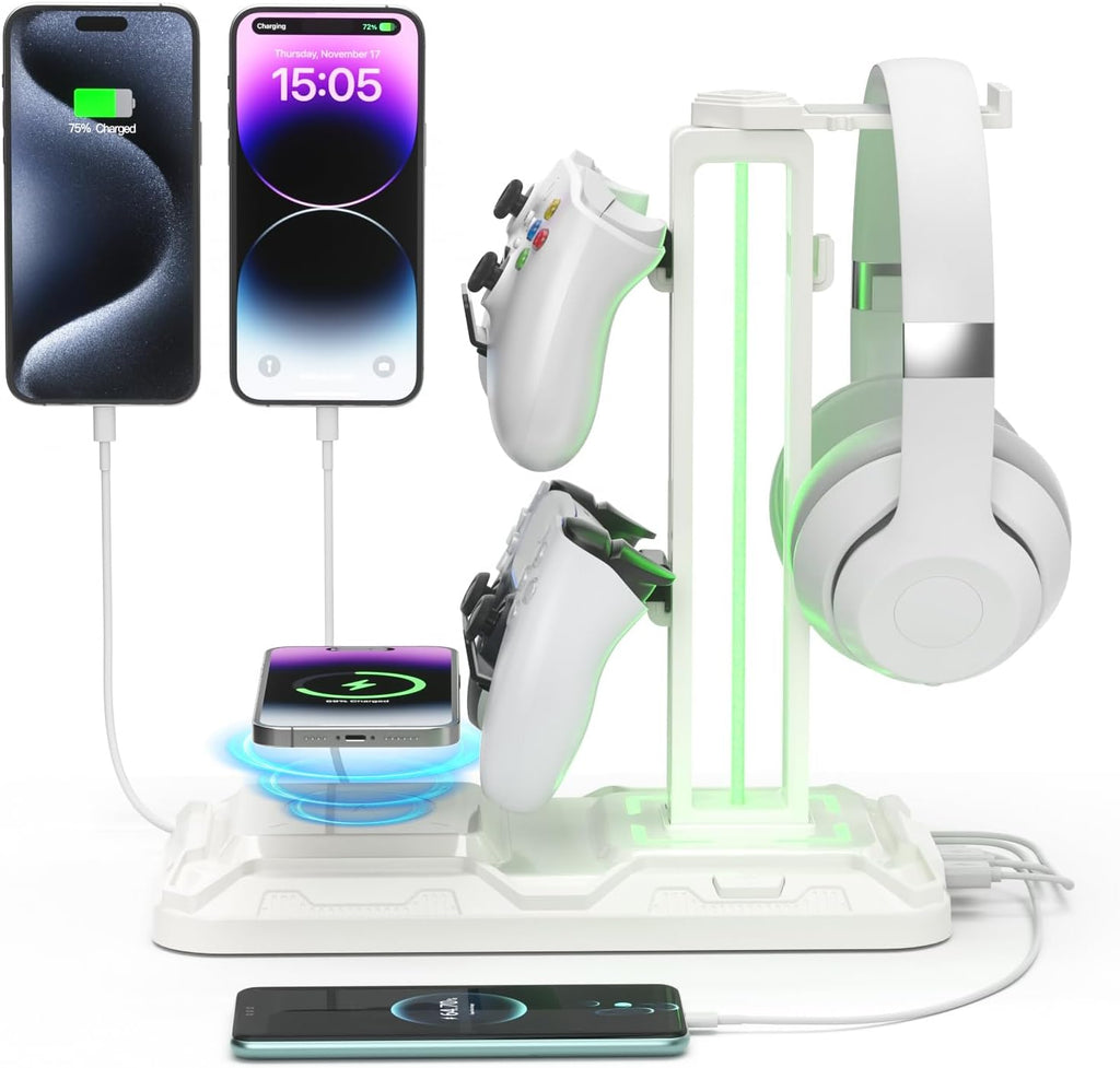 KDD RGB Headphone & Controller Stand with Wireless Charging - Rotatable Headset Stand with 9 Light Modes - Controller Holder with 2 USB and Type C Ports - for Gamers Desktop Accessories(White) by KDD