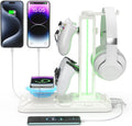 KDD RGB Headphone & Controller Stand with Wireless Charging - Rotatable Headset Stand with 9 Light Modes - Controller Holder with 2 USB and Type C Ports - for Gamers Desktop Accessories(White) by KDD