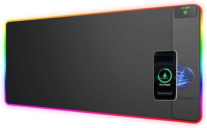 Wireless Charging Mouse Pad Gaming, 31.5"x15.8" Large Desk Mat, Waterproof | RGB Mousepad, Smooth Glide, Stitched Edge, Non-Slip Rubber Base, Desk Pad Computer Keyboard Mat, No Adapter by abcmat
