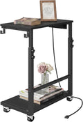 MAHANCRIS Side Table with Charging and Hooks, Rolling Couch Table, Black by MAHANCRIS