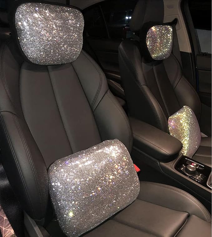Carwales Lumbar Support Pillow Summer Decorative for Car Soft Bling Accessories Sparkly Diamond Rhinestone for Women Girls, Universal Office Chair Lower Back Cushion Rubber Black - Image 6