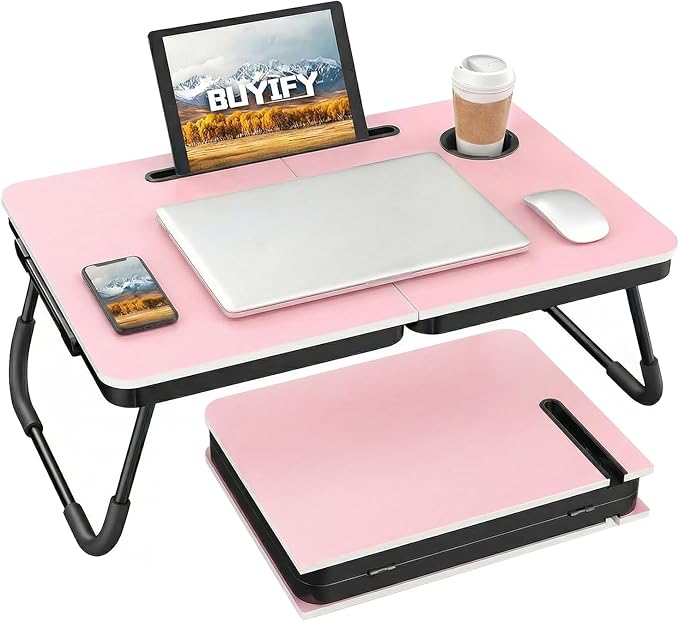 BUYIFY 23.4" Foldable Lap Desk Bed Table with Cup Holder Portable Tray | Folds Flat for Easy Storage, No Assembly Laptop Bed Desk, Sturdy and Lightweight, Patent Design,Pink by BUYIFY