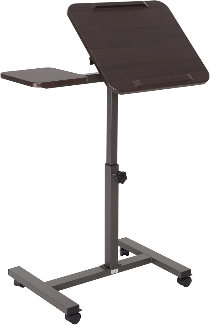 Seville Classics Airlift Height Adjustable Mobile Rolling Laptop Cart Computer Workstation Desk, Table for Home, Office, Classroom, Hospital, w/Wheels, Walnut, Tilt w/Side Table (28") (NEW Model) - Image 3