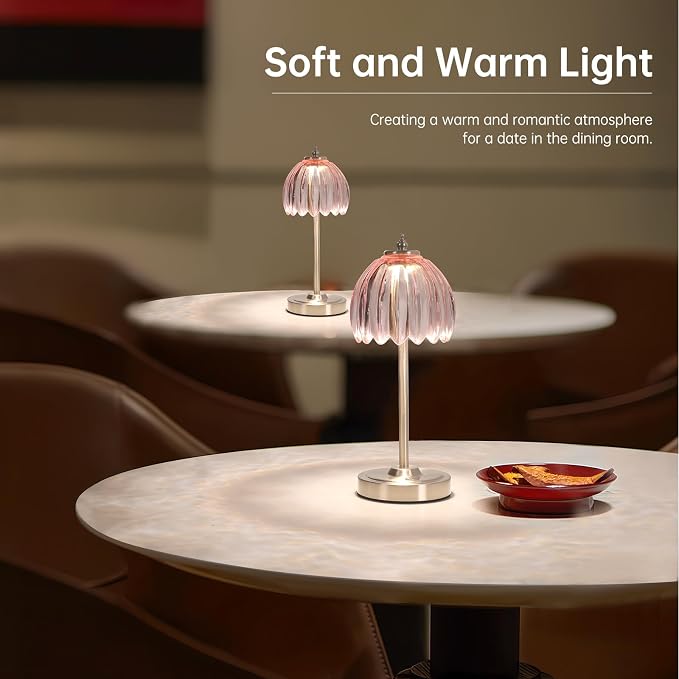 Shenmoyl Tulip Table Lamp with 5200mAh Battery & Touch Control, Cordless Small Table Lamp with 3 Colors, Dimmable Rechargeable Table Lamps for Living Room, Bedroom, Desk, Bedside (Clear Pink Tulip) - Image 6