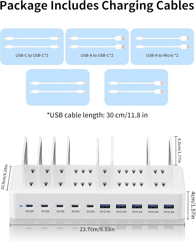 100W Charging Station for Multiple Devices, 10-Port USB Fast Charger, White | with Adjustable Dividers & 10 Cables- Multi Device Organizer Charging Dock for iPhone, iPad, Tablets & More - Image 8